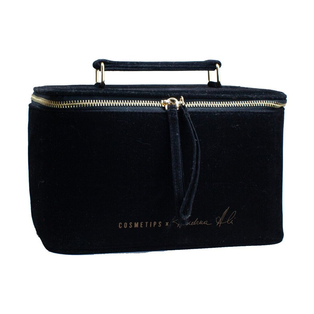 Black Velvet Makeup Bag Cosmetic Case Gold Zipper Top Handle 10" Travel Vanity